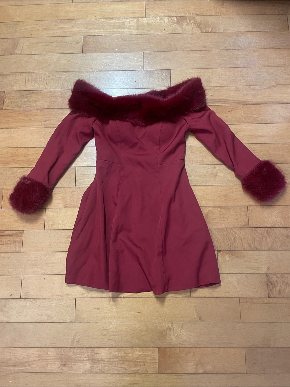 Nwt Off-Shoulder Burgundy Dress with Faux Fur Trim